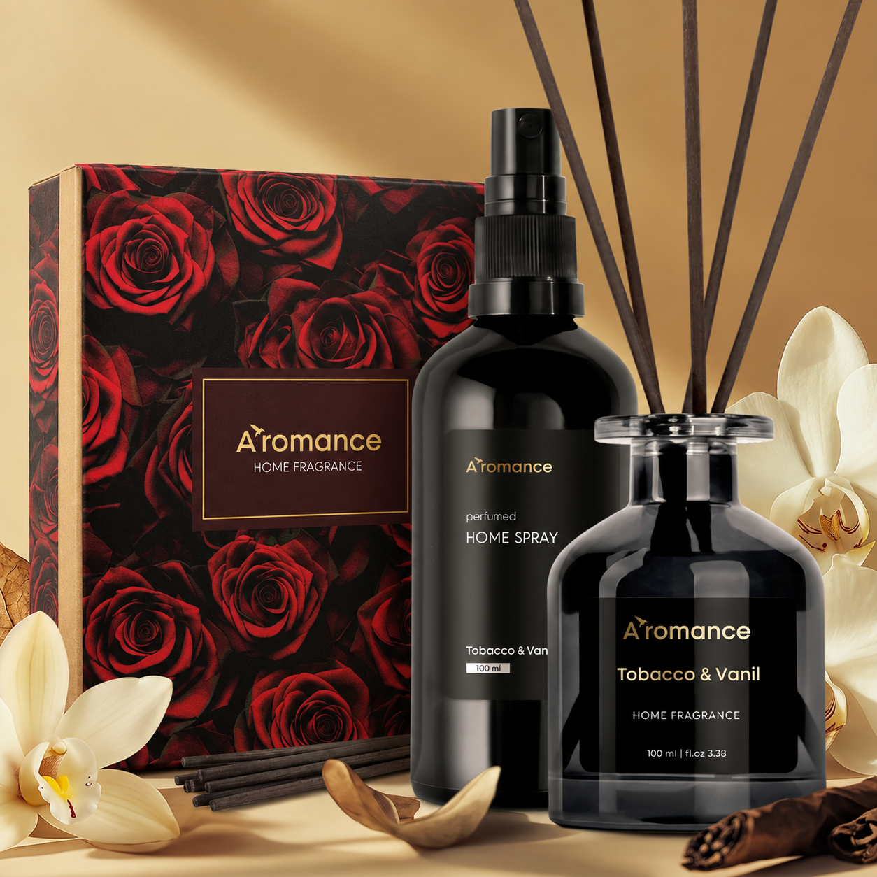 Aromance sovg‘a to‘plami: diffuzor, sprey va qizil gulli quti